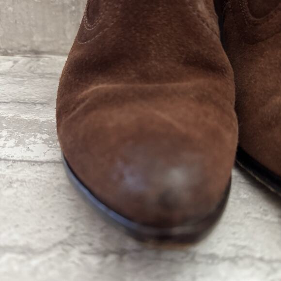 Frye Brown Suede Ankle Boots Cowboy Heeled Pointed Toe Zip Used Women's Size 6.5 - Picture 6 of 16